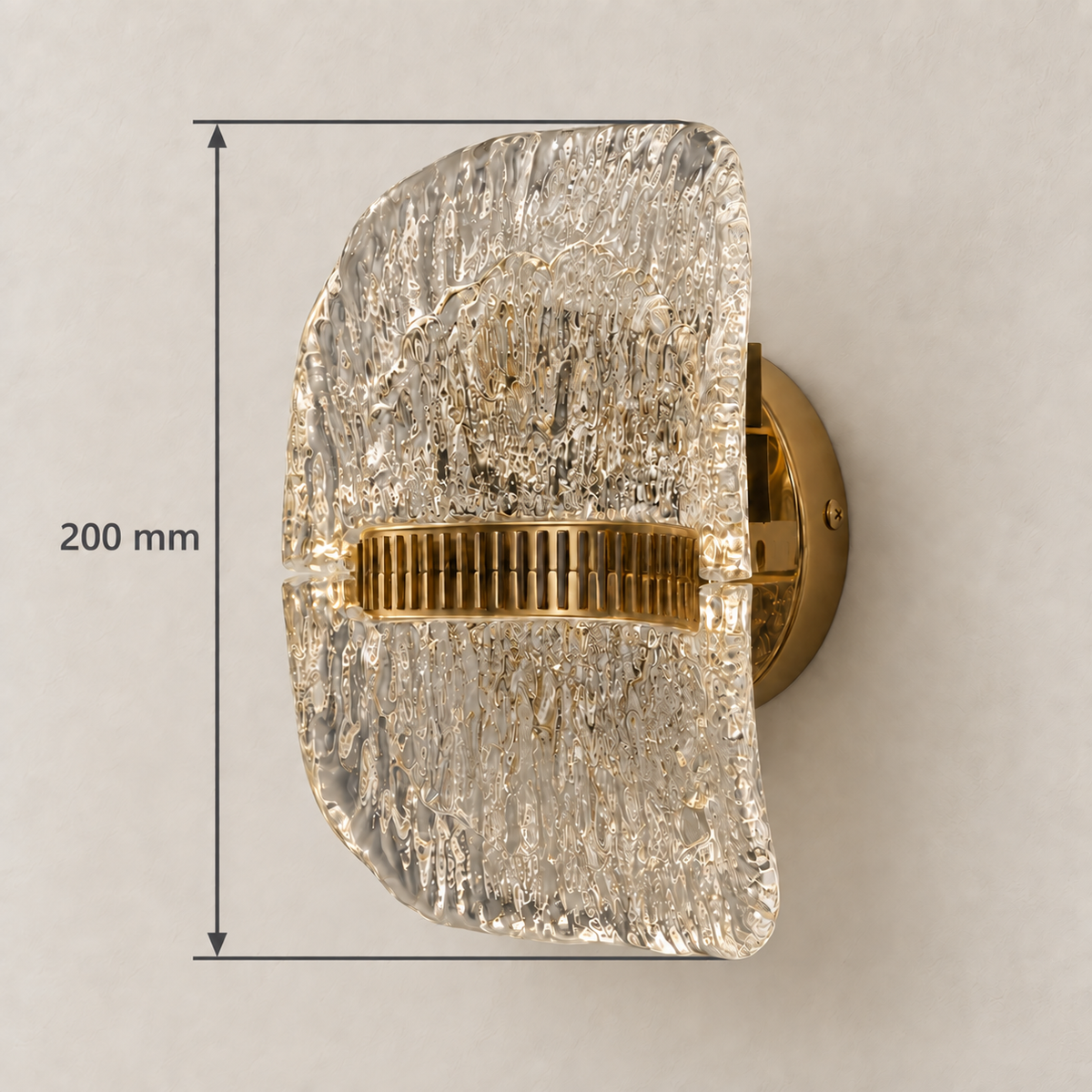 Curved textured acrylic wall light showing 200 mm overall height