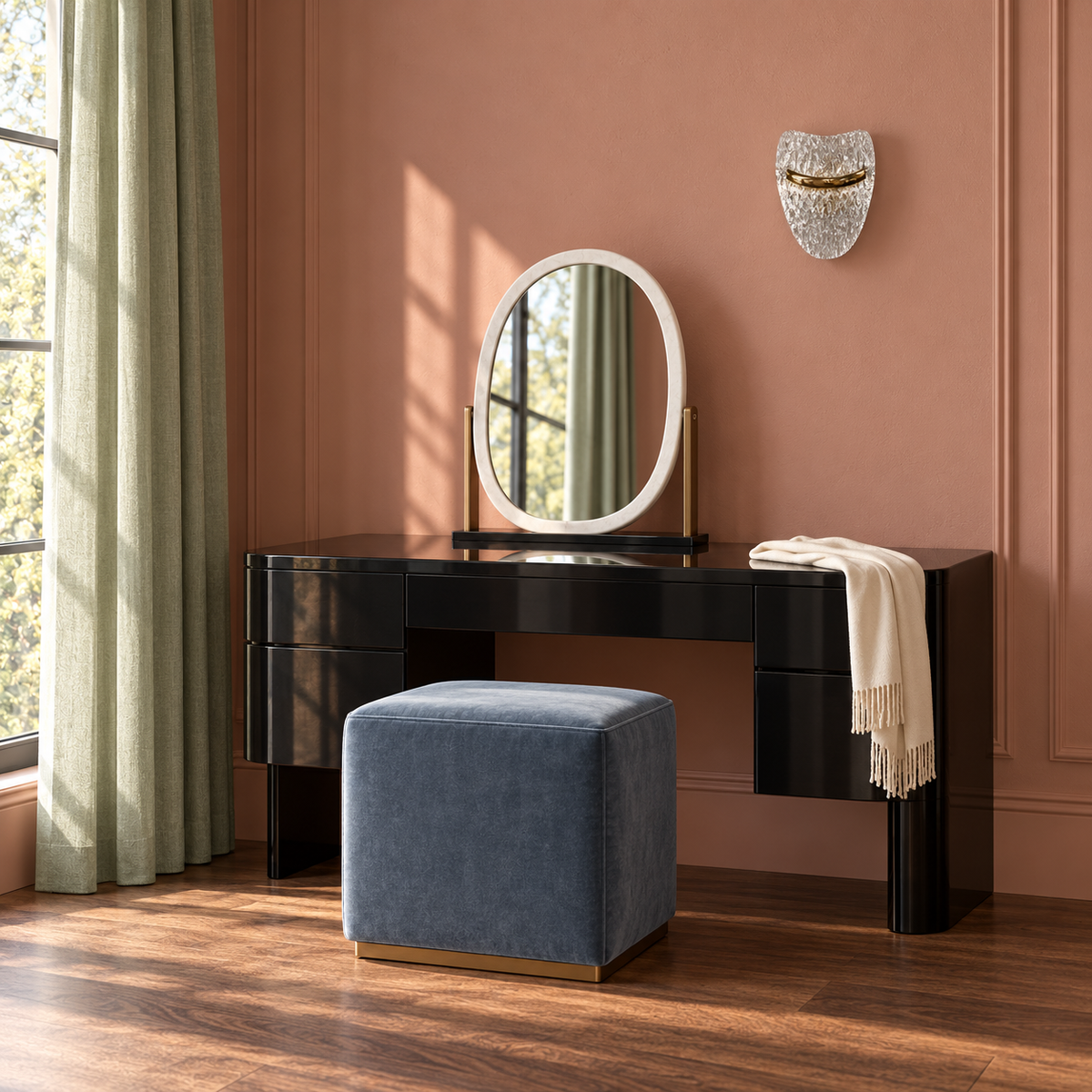 Textured acrylic shield wall light above a dressing table and mirror in daylight, switched off