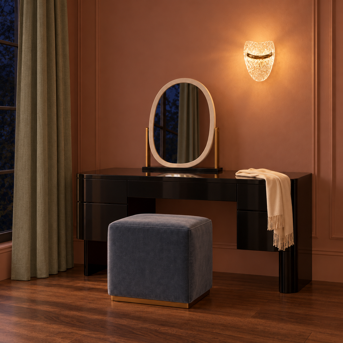 Textured acrylic shield wall light illuminated above a dressing table and mirror at night