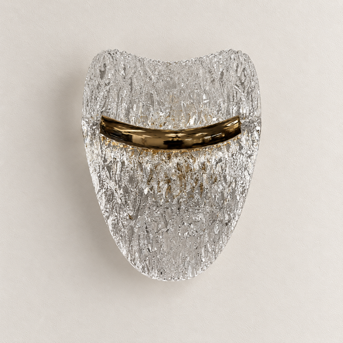 Textured clear acrylic shield wall light with a curved metallic band, switched off