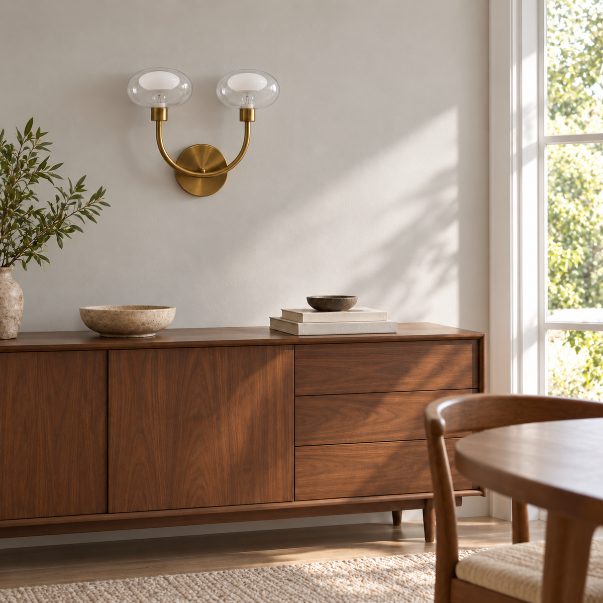 Twin Clear Globe G9 Wall Light above a wood dining sideboard beside a dining chair in daylight, switched off