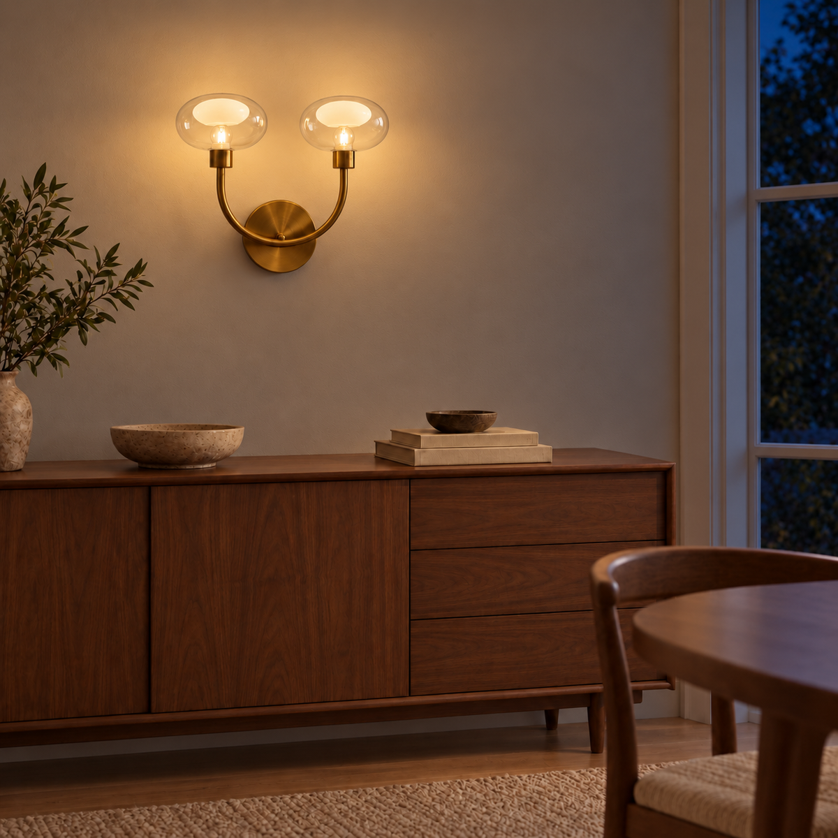 Twin Clear Globe G9 Wall Light above a wood dining sideboard beside a dining chair at night, illuminated