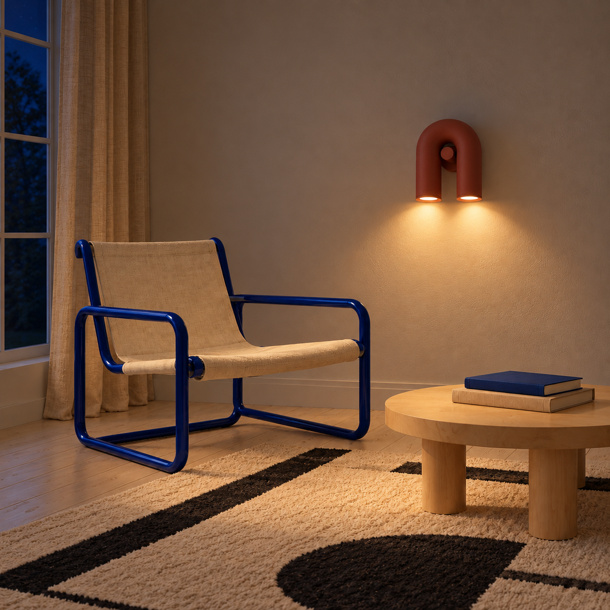 Red U-shaped wall light casting two downward pools of light beside a lounge chair at night