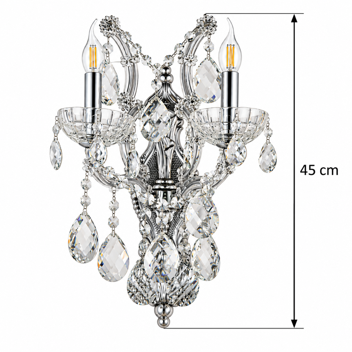 Crystal Cascade Twin Candle Wall Light dimension guide showing overall height 45 cm