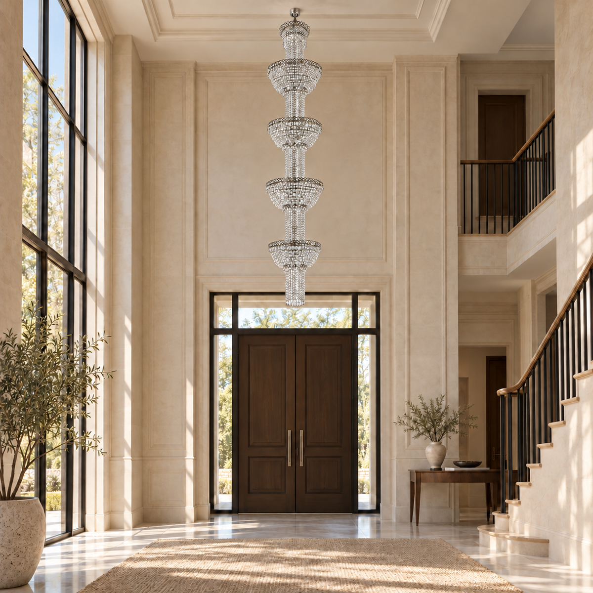 SB53152--36L chrome clear-crystal column chandelier in a daylight interior.