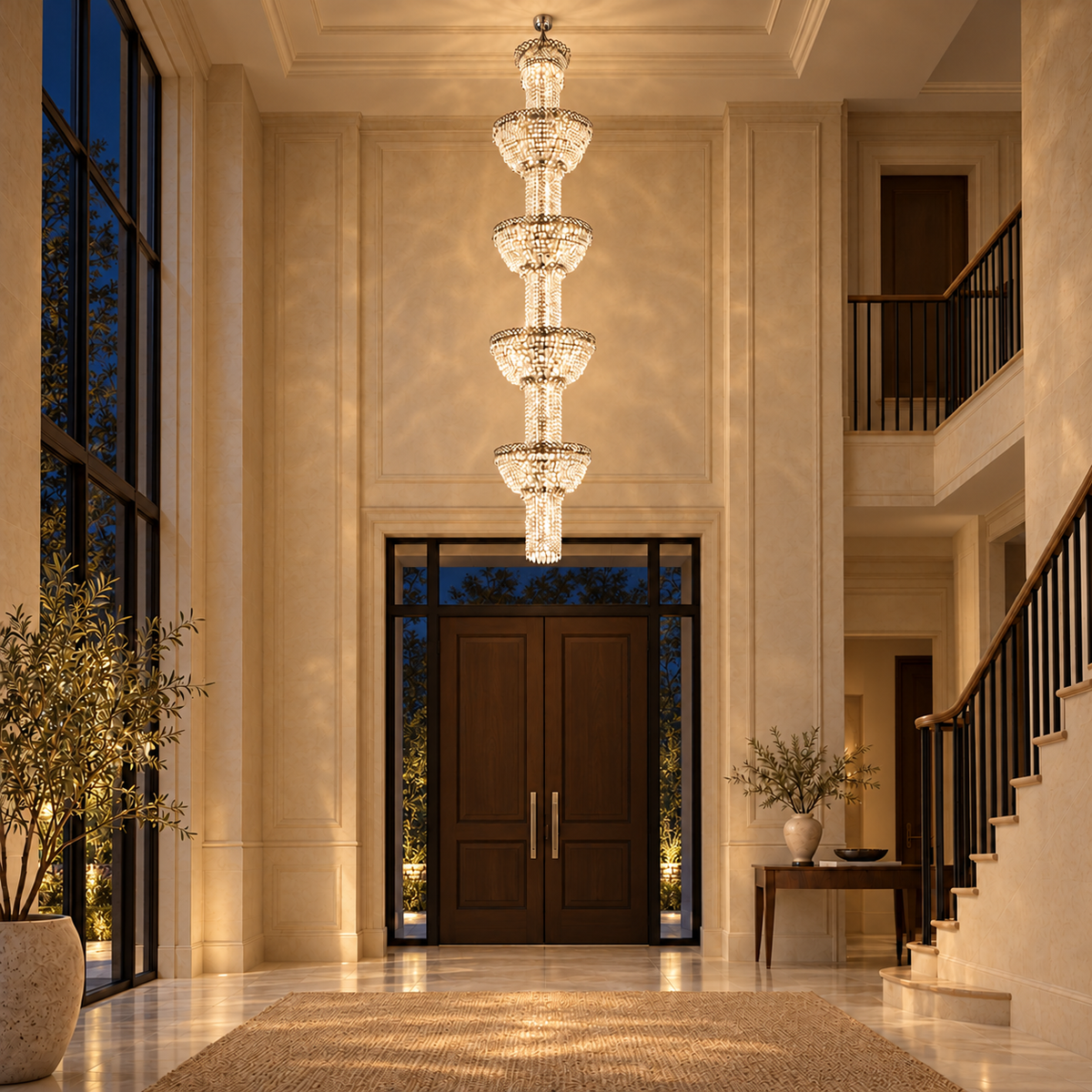 SB53152--36L chrome clear-crystal column chandelier illuminated in a night interior.