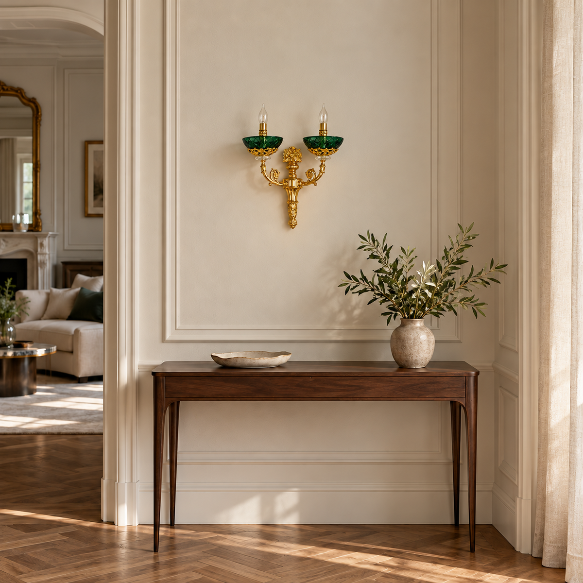 Emerald Bowl Ornate Twin Wall Light installed in a daylight interior, shown switched off
