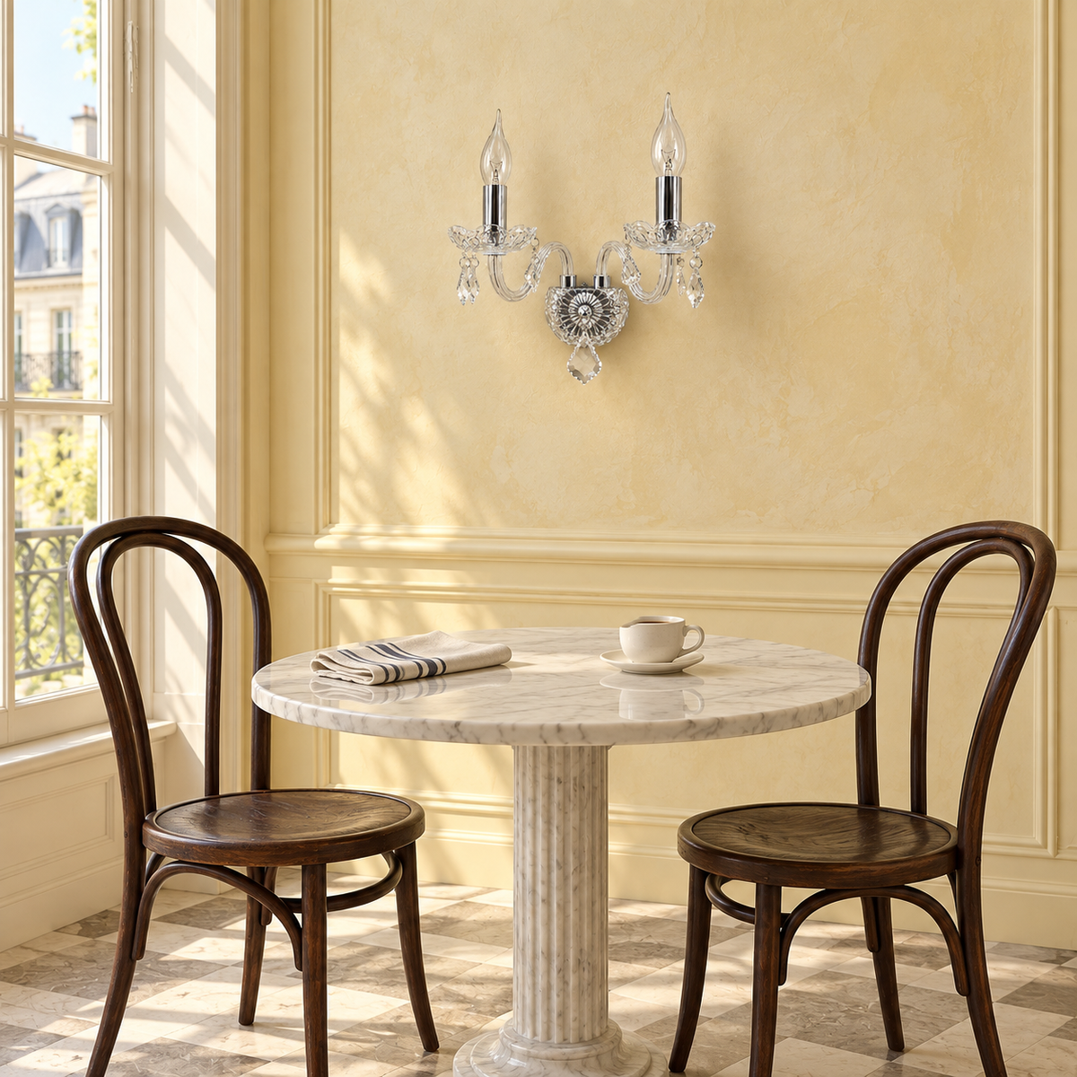 Clear Twin-Arm Candle Wall Light above a small round dining table in daylight, switched off