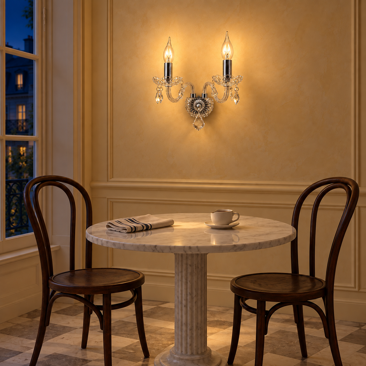 Clear Twin-Arm Candle Wall Light above a small round dining table illuminated at night