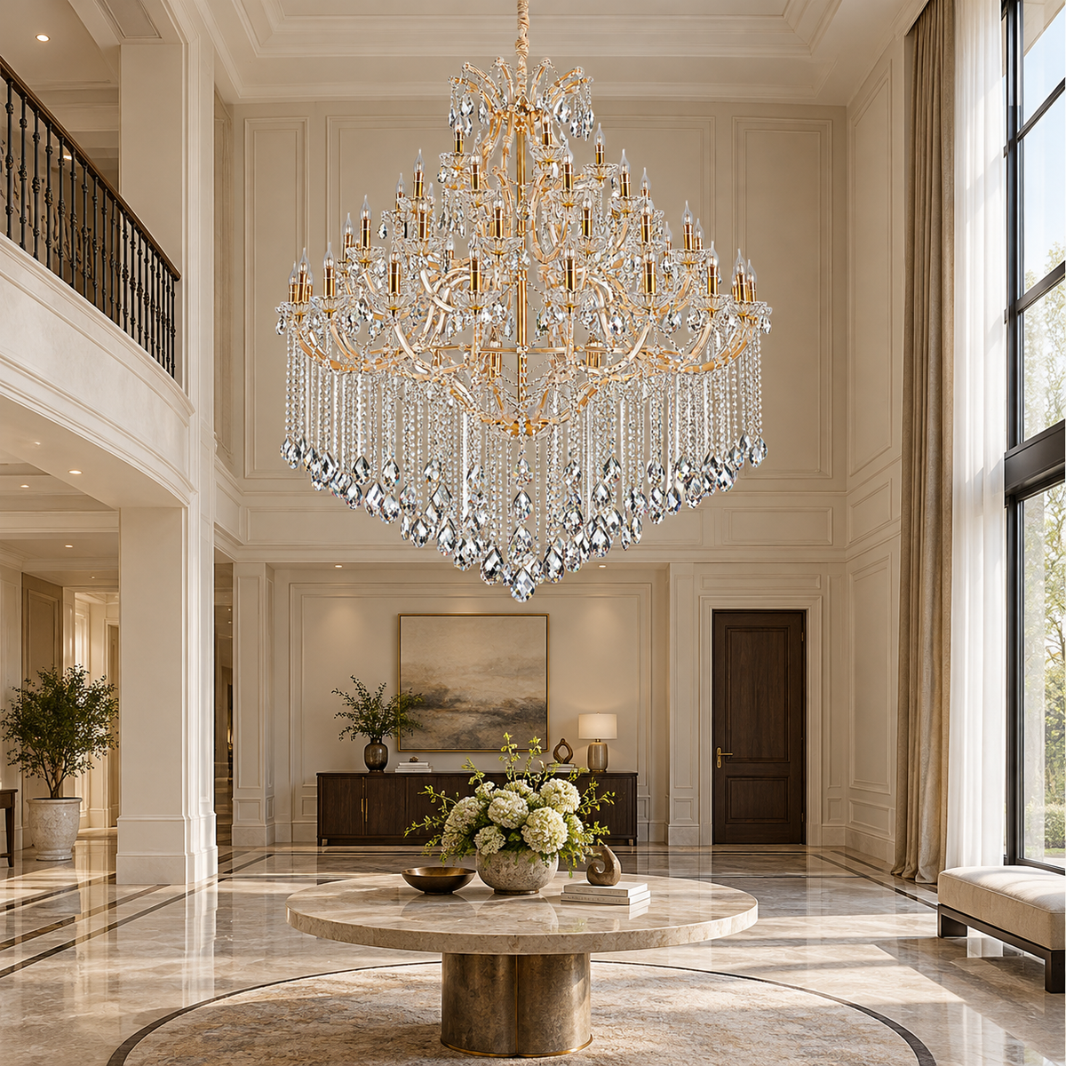 SE5002 Grand Gold-Tone Candle Chandelier shown unlit in a daylight interior.