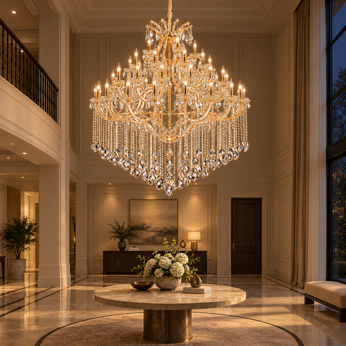 SE5002 Grand Gold-Tone Candle Chandelier illuminated in the matching evening interior.