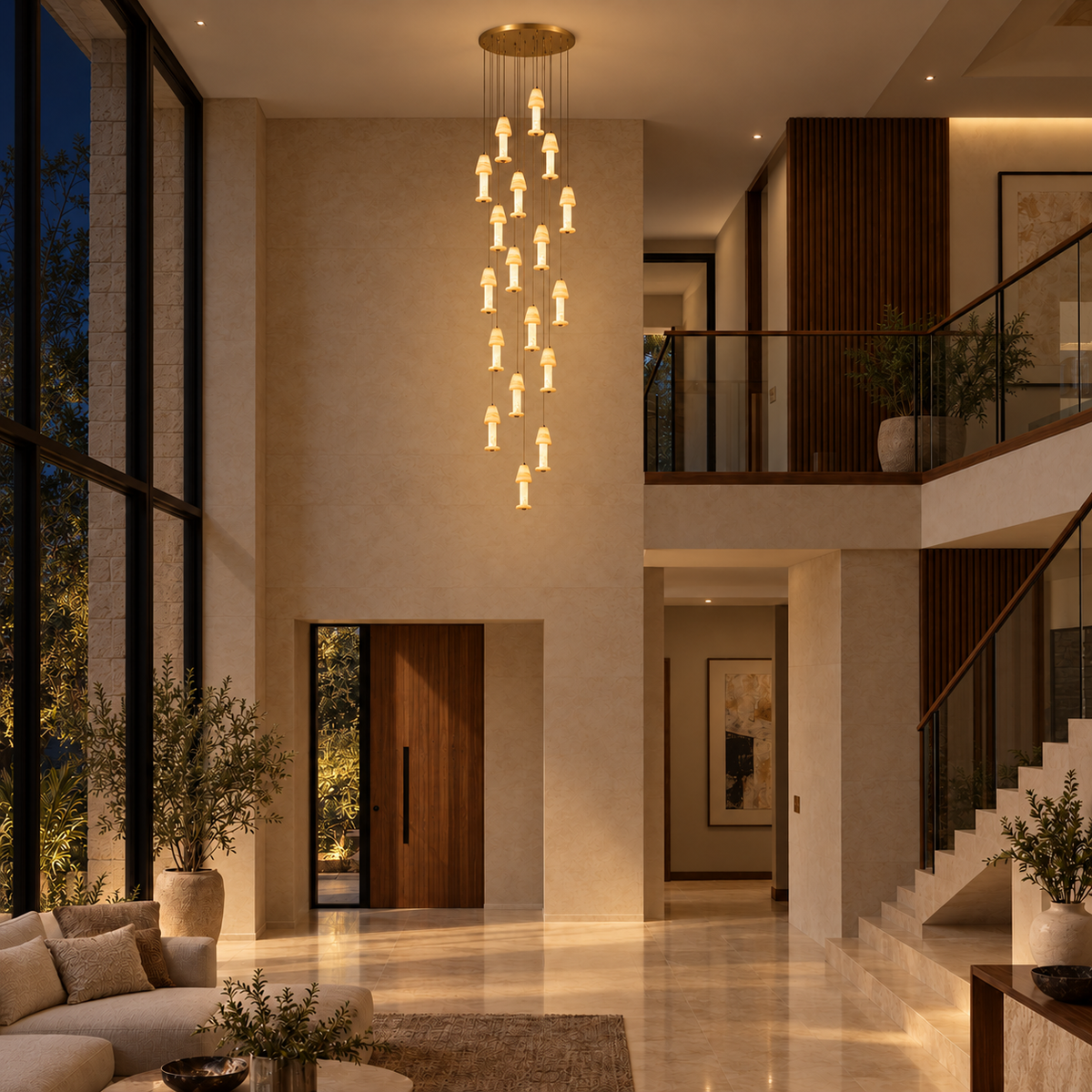 SH2143--18X12W-3C gold stone multi-drop chandelier illuminated in a night interior.