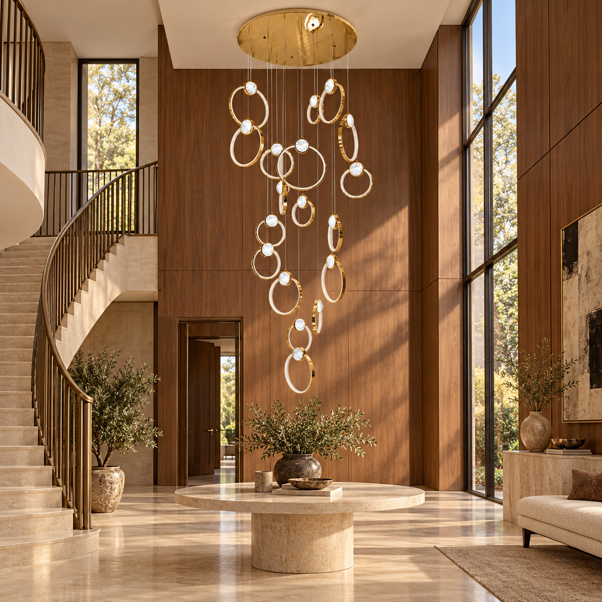 SH8053 Gold 18-Ring Cascade Chandelier shown unlit in a daylight interior.