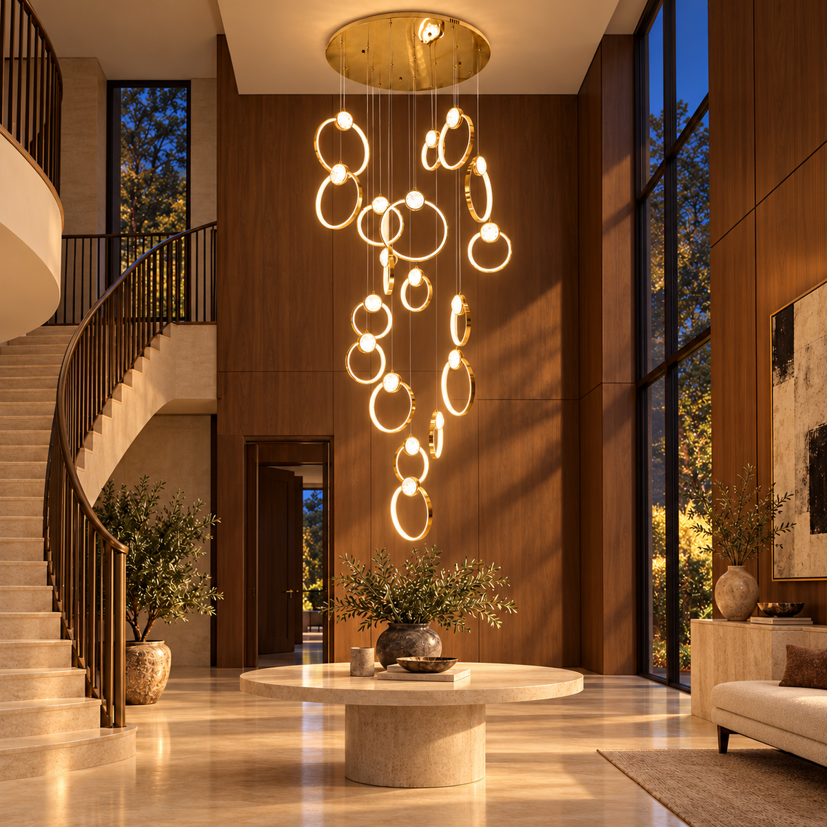 SH8053 Gold 18-Ring Cascade Chandelier illuminated in the matching evening interior.