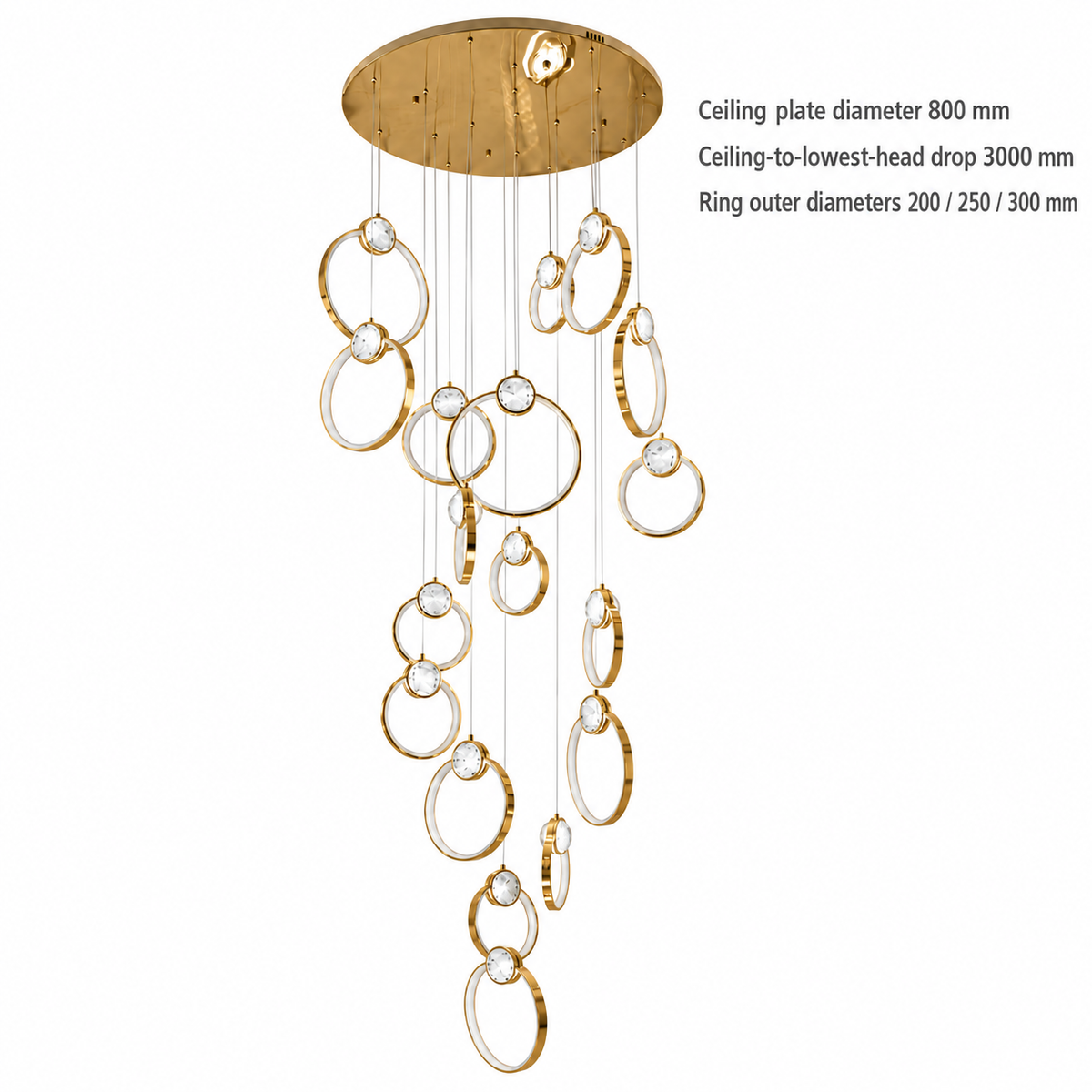 SH8053 Gold 18-Ring Cascade Chandelier dimension view. Round ceiling plate diameter: 800 mm; Ceiling-to-lowest-head drop: 3000 mm; Individual ring outer diameters: 200 / 250 / 300 mm.