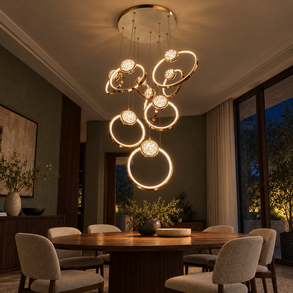 SH8053 Gold Nine-Ring Cascade Chandelier illuminated in the matching evening interior.