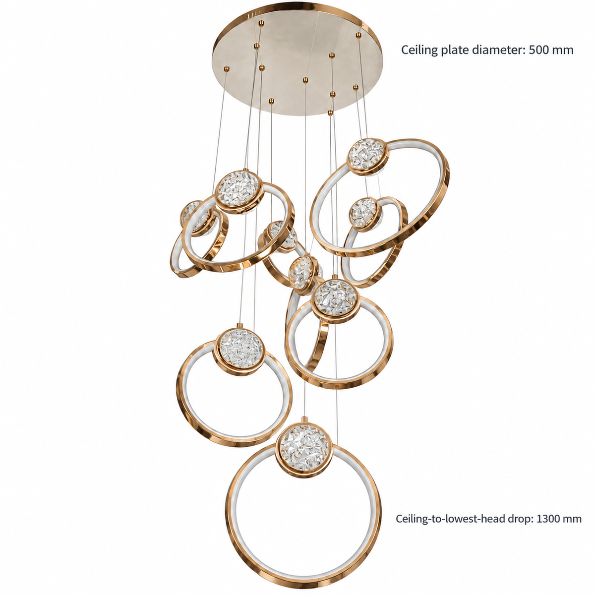 SH8053 Gold Nine-Ring Cascade Chandelier dimension view. Round ceiling plate diameter: 500 mm; Ceiling-to-lowest-head drop: 1300 mm.