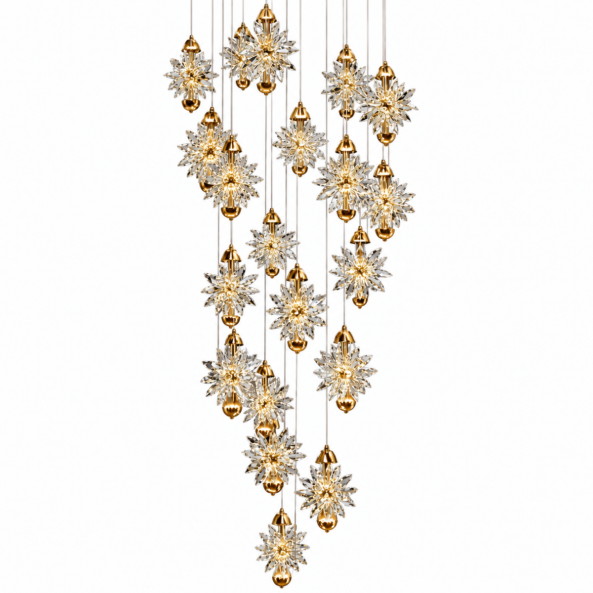 SH8542 Gold 20-Flower Crystal Cascade Chandelier shown unlit against a studio background. Ceiling plate outside the photograph.