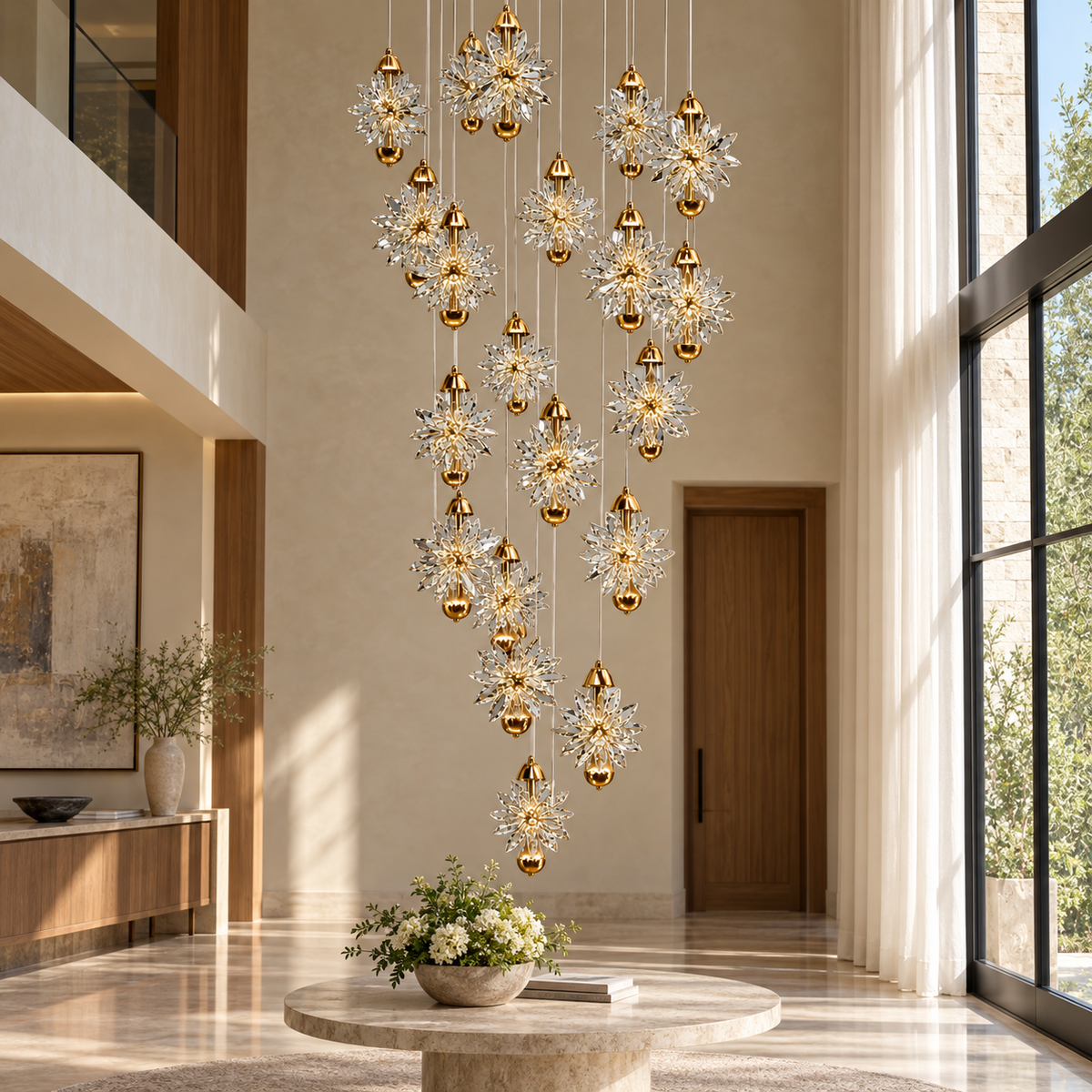 SH8542 Gold 20-Flower Crystal Cascade Chandelier shown unlit in a daylight interior. Ceiling plate outside the photograph.