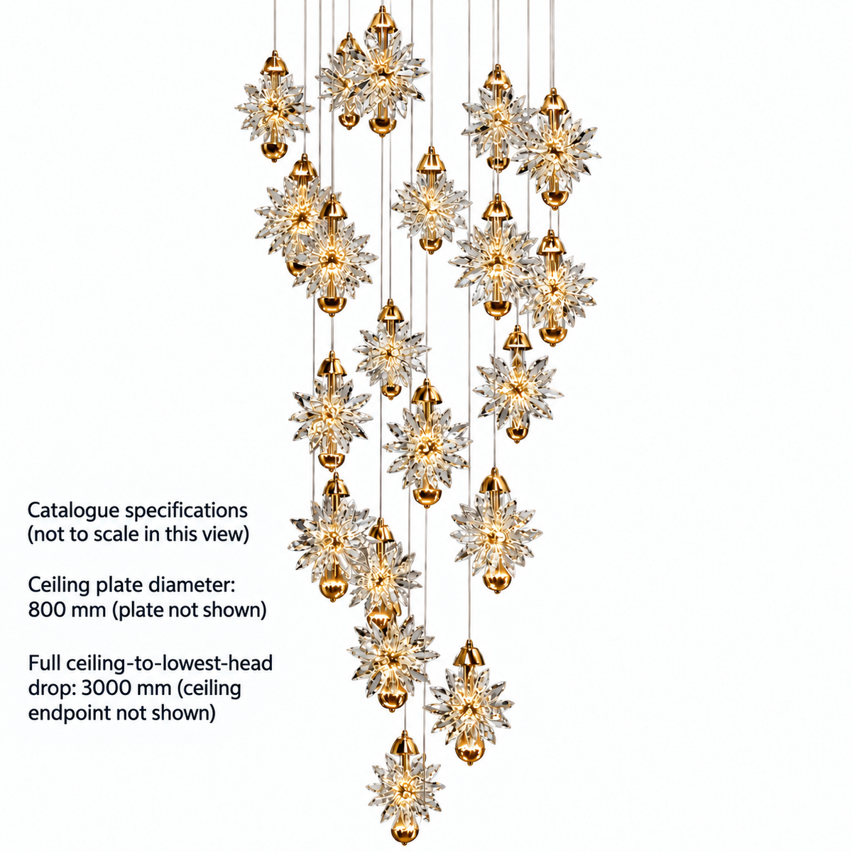 SH8542 Gold 20-Flower Crystal Cascade Chandelier. Catalogue specs for the ceiling plate outside view: diameter 800 mm; ceiling-to-lowest-head drop 3000 mm.