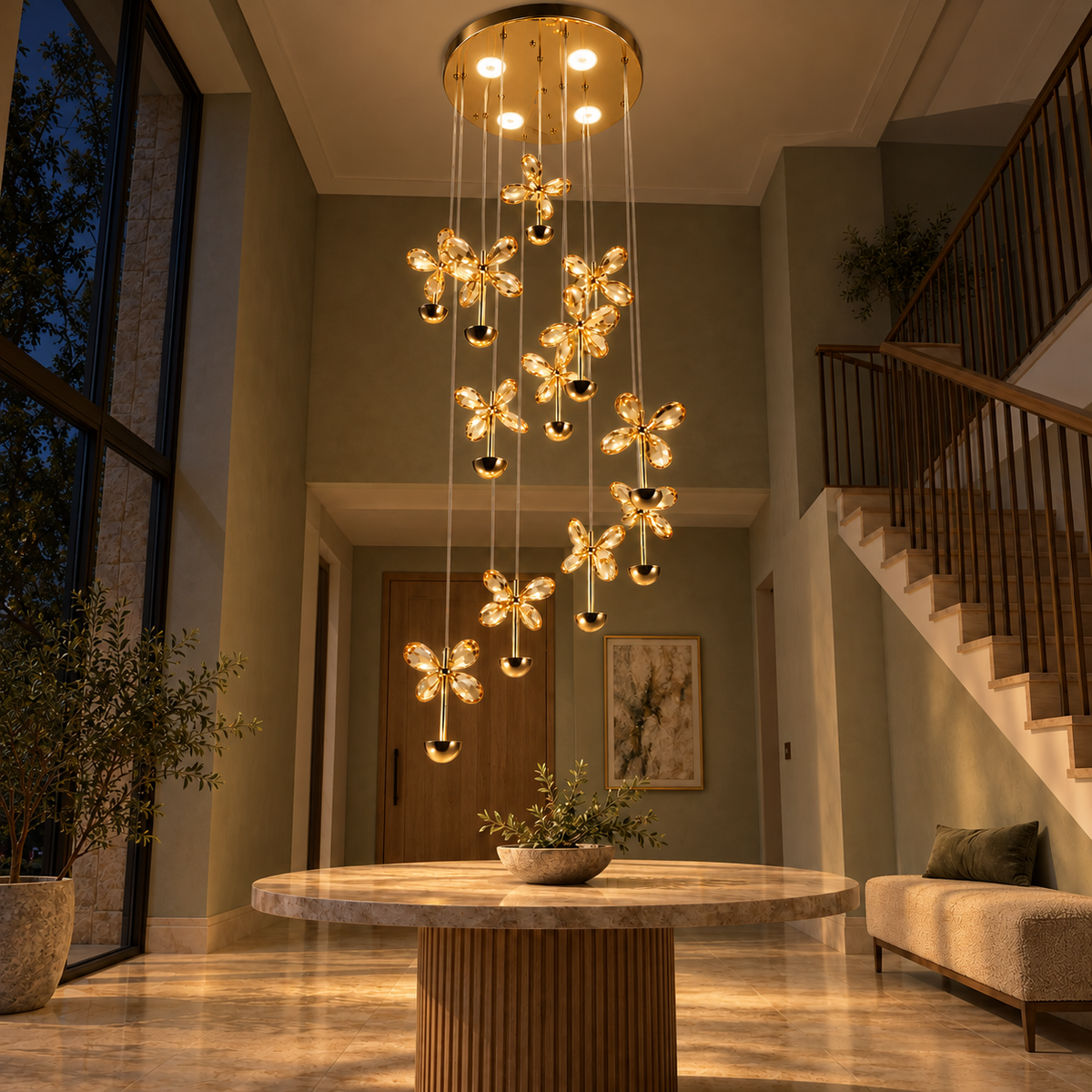 SJ8611FG Gold Lustre Flower Cascade Chandelier illuminated in the matching evening interior.