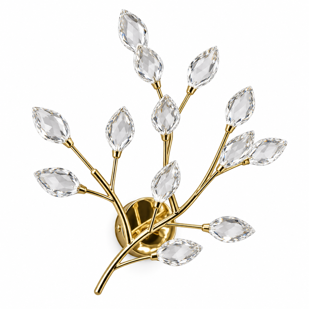 Crystal leaf branch wall light with clear faceted leaves and gold-tone stems, switched off against a white background