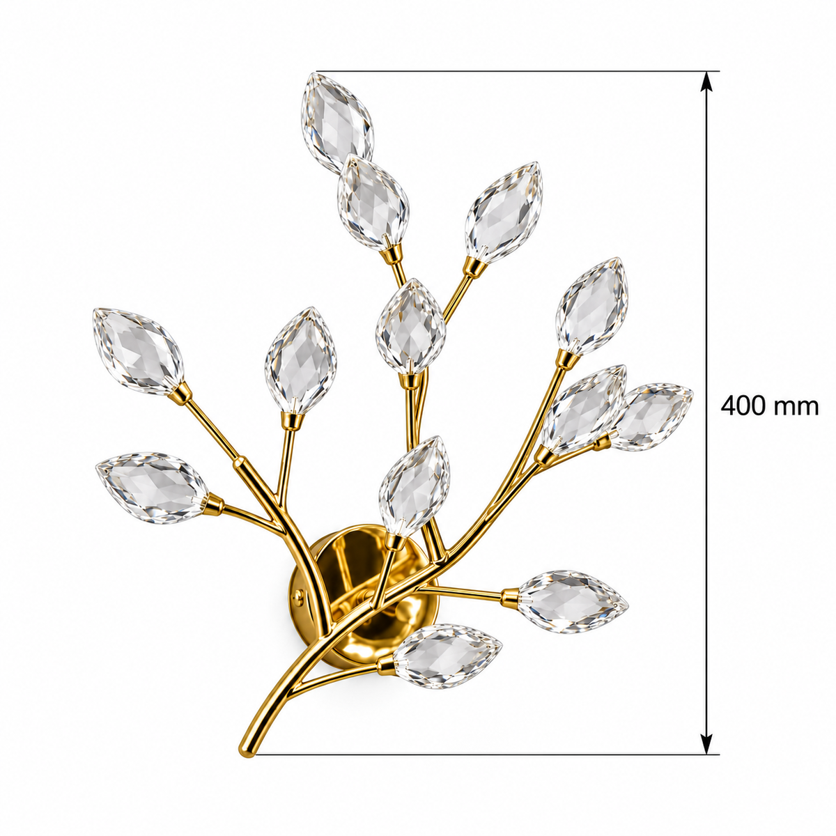 Crystal leaf branch wall light dimension guide showing 400 mm overall height from highest leaf tip to lowest stem tip