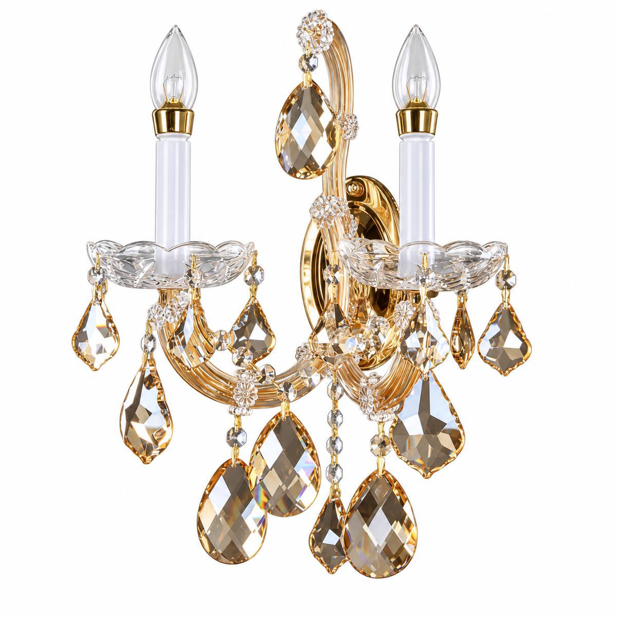 Amber and clear crystal twin arm wall light with candle-style holders and hanging faceted drops, switched off against a white background