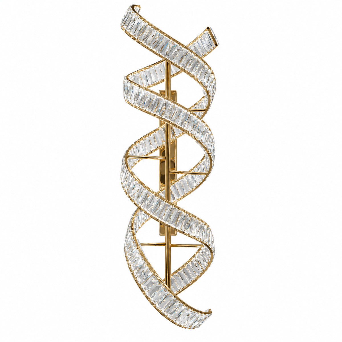 Double Helix Ribbon Wall Light with two twisting ribbons with clear faceted details and gold-tone edges around a vertical support, shown switched off against a white background