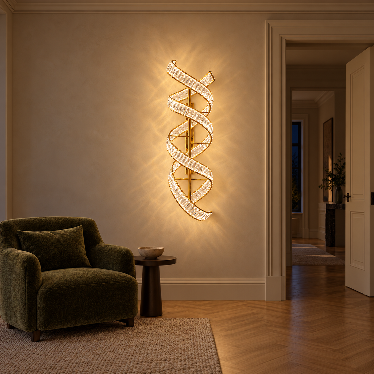 Double Helix Ribbon Wall Light illuminated on a tall cream wall beside a green armchair and an open doorway at night