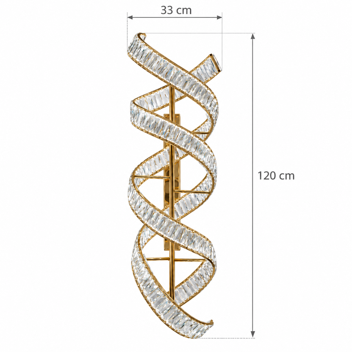 Double Helix Ribbon Wall Light dimension guide showing 33 cm overall width and 120 cm overall height across the outer ribbon edges