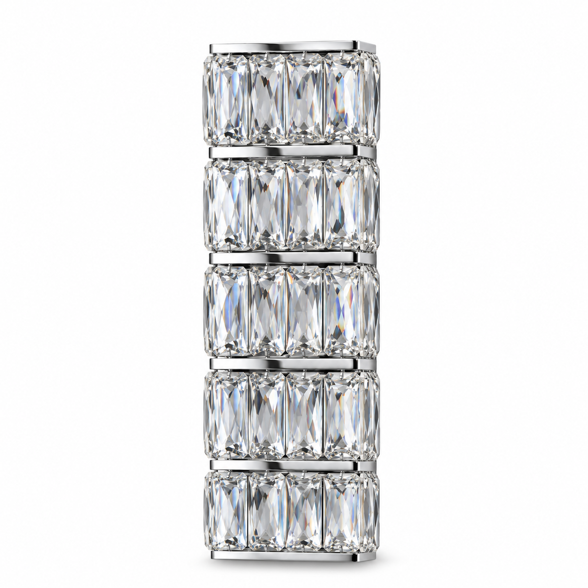 Five Tier Crystal Column Wall Light with five stacked tiers of clear faceted crystal separated by silver-tone rims, shown switched off against a white background