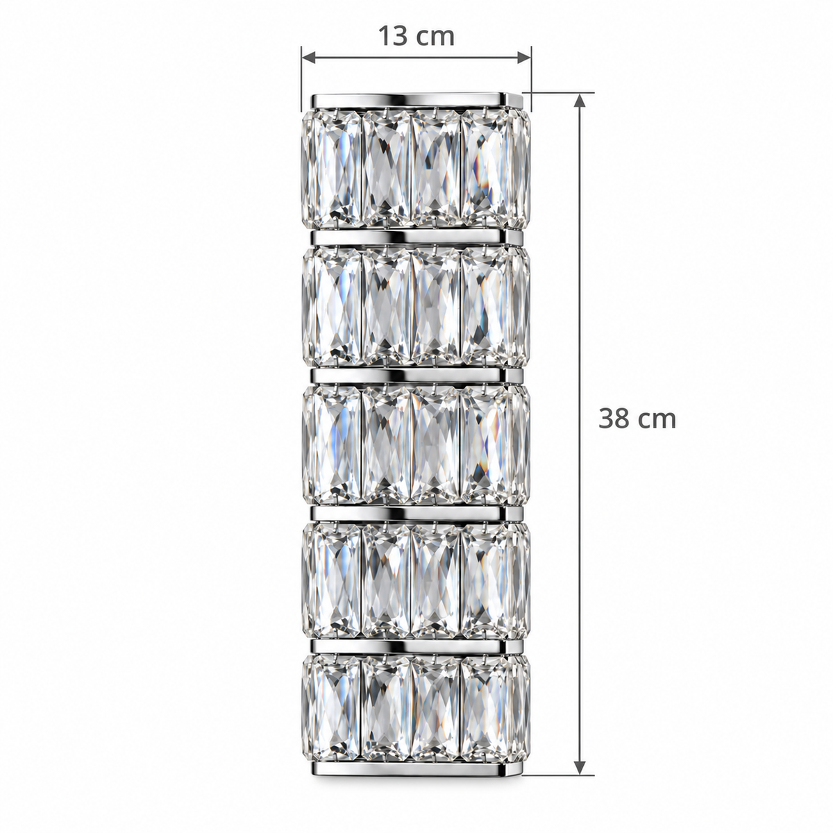 Five Tier Crystal Column Wall Light dimension guide showing 13 cm overall width and 38 cm overall height