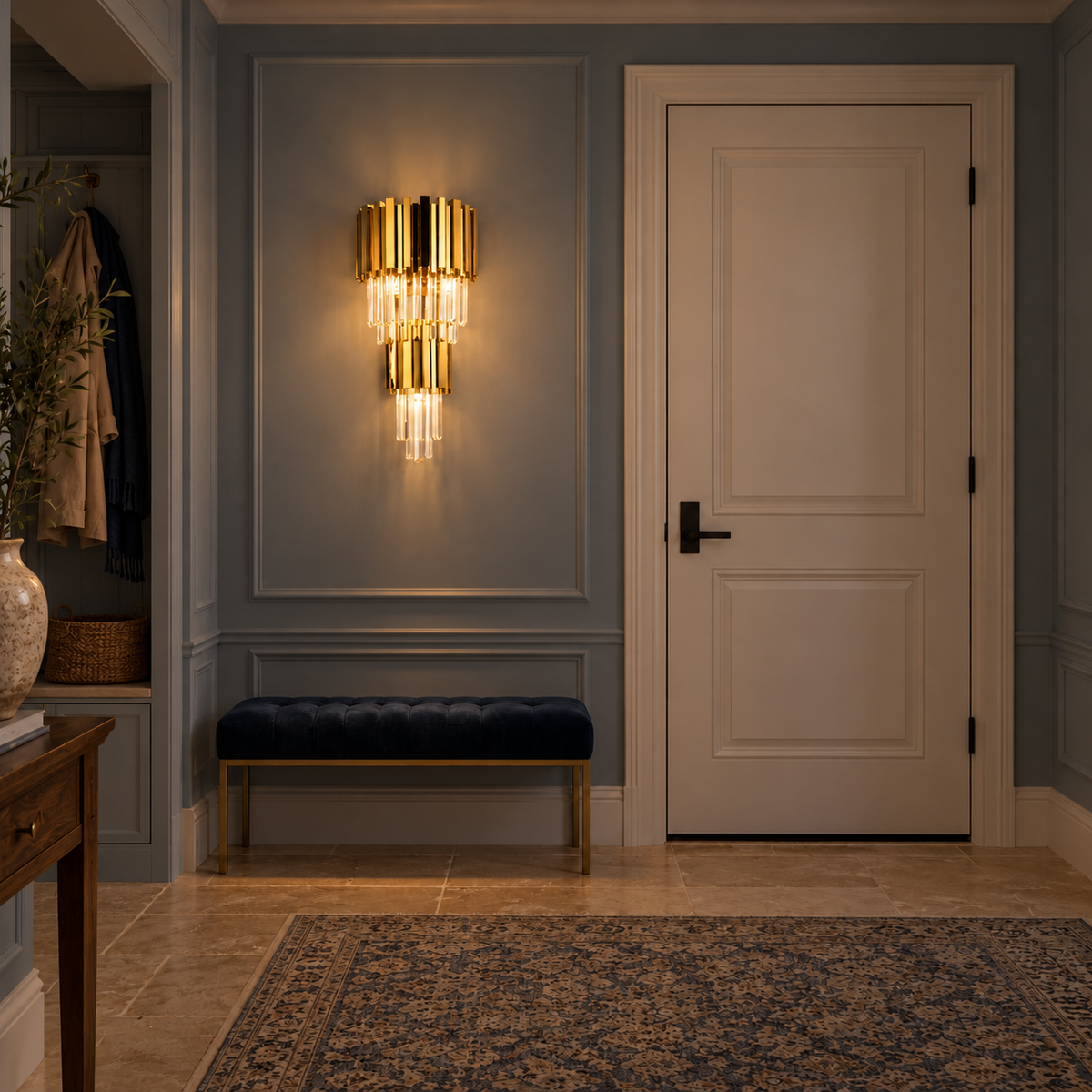 Double Crown Crystal Cascade Wall Light illuminated above a navy upholstered bench beside a white door in the same entrance hall at night