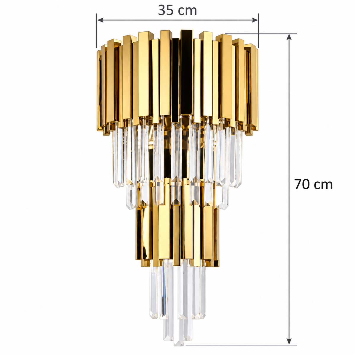 Double Crown Crystal Cascade Wall Light dimension guide showing 35 cm across the widest upper crown and 70 cm from the highest crown point to the lowest crystal