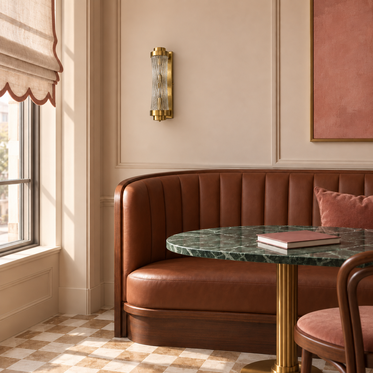 Twisted-rod wall light above upholstered banquette seating in daylight, switched off