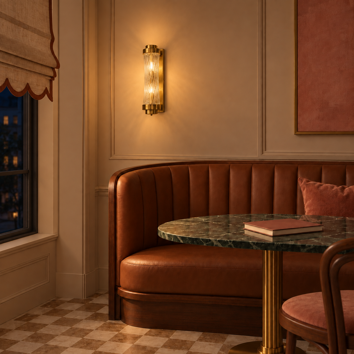 Twisted-rod wall light illuminated above upholstered banquette seating at night