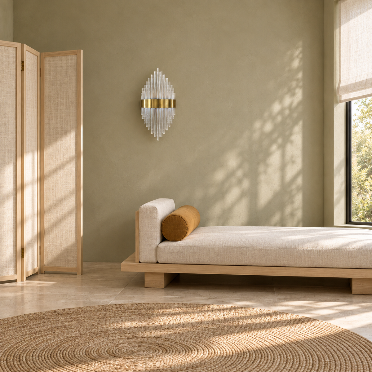 Stepped clear-rod wall light above a daybed in daylight, switched off
