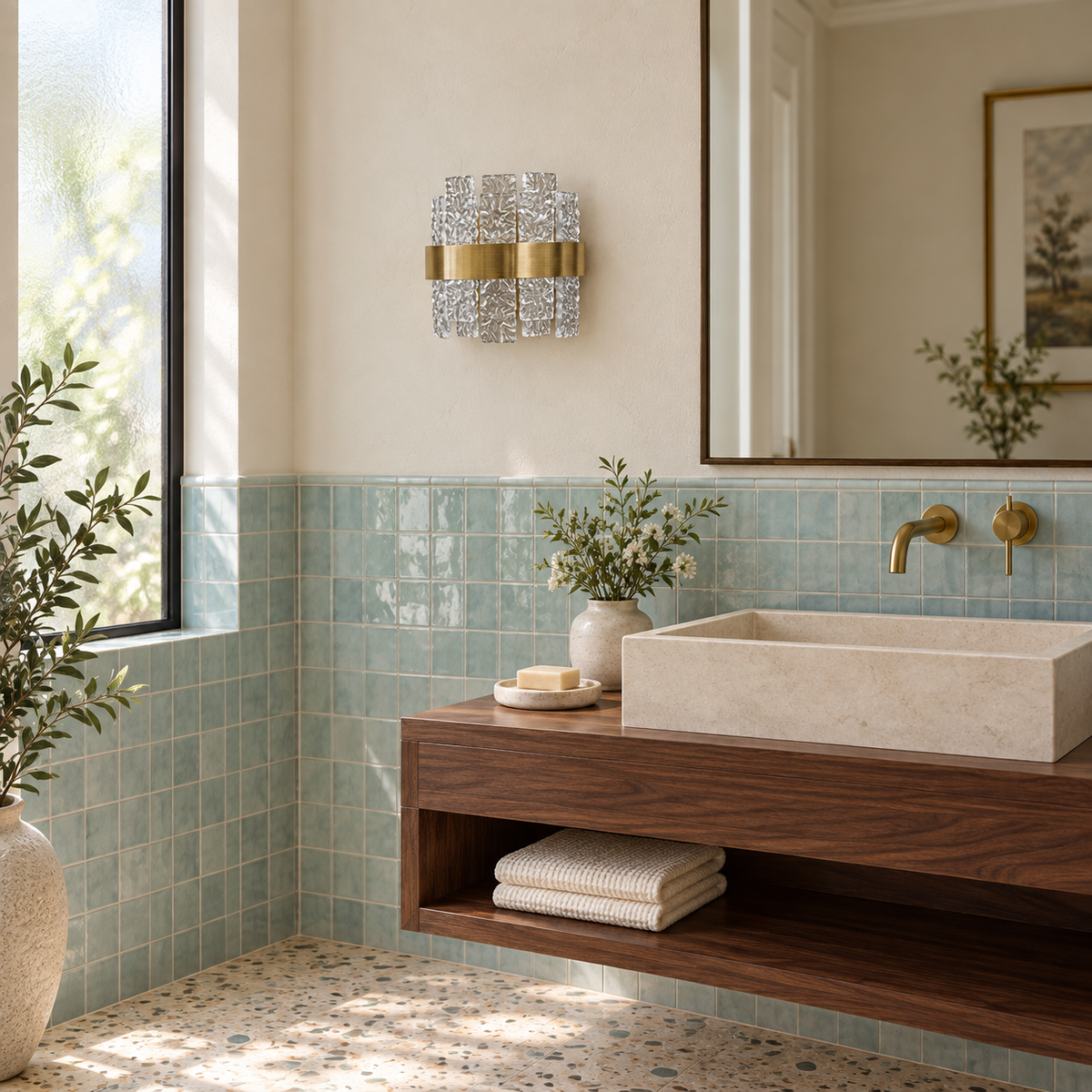 Textured glass stave wall light beside a mirror above a vanity in daylight, switched off