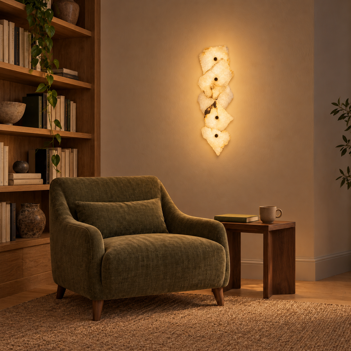 Five-Stone Cascade Wall Light illuminated in a night-time interior