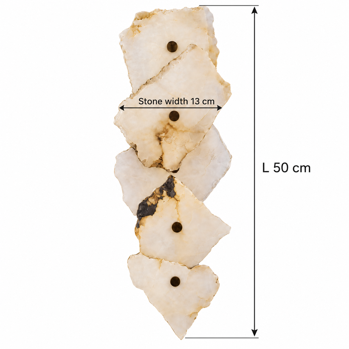 Five-Stone Cascade Wall Light dimension guide showing overall length 50 cm; stone width 13 cm