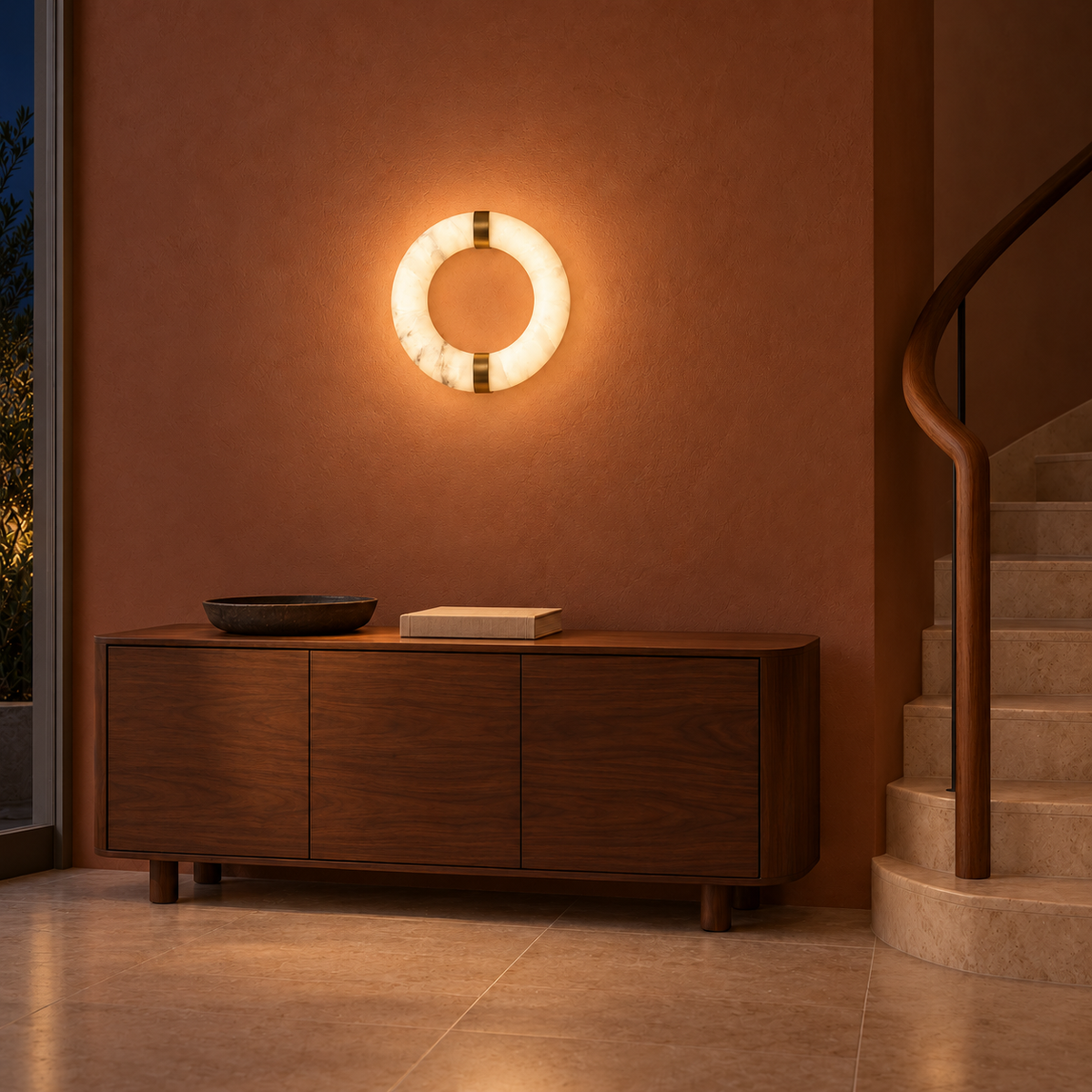 Stone-Effect Ring Wall Light illuminated in a night-time interior