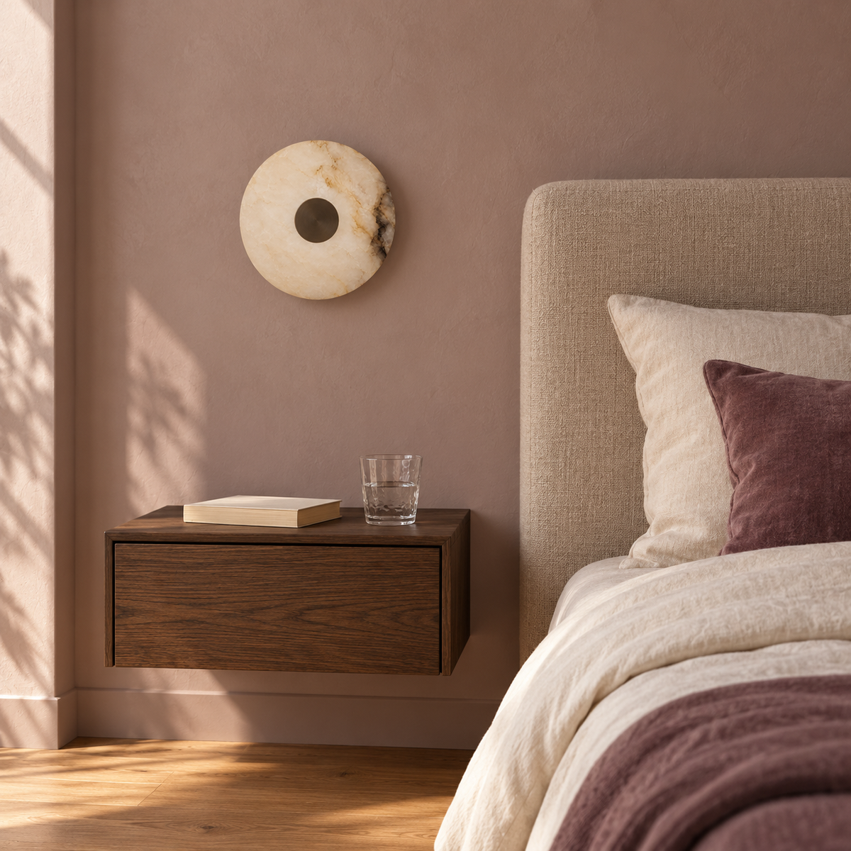Veined Stone Disc Wall Light installed in a daylight interior, switched off
