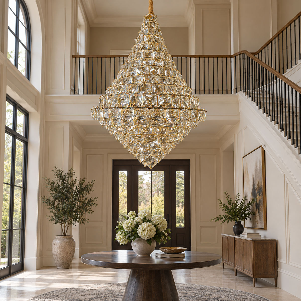 SU67796 Gold-Tone K9 Crystal Chandelier shown unlit in a daylight interior.