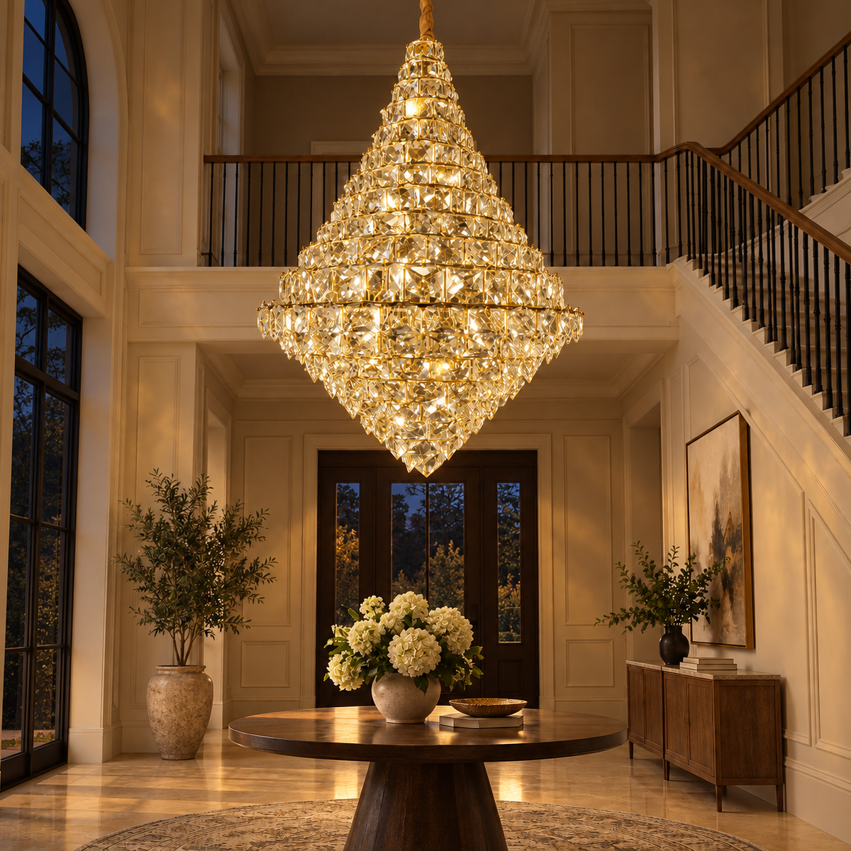 SU67796 Gold-Tone K9 Crystal Chandelier illuminated in the matching evening interior.