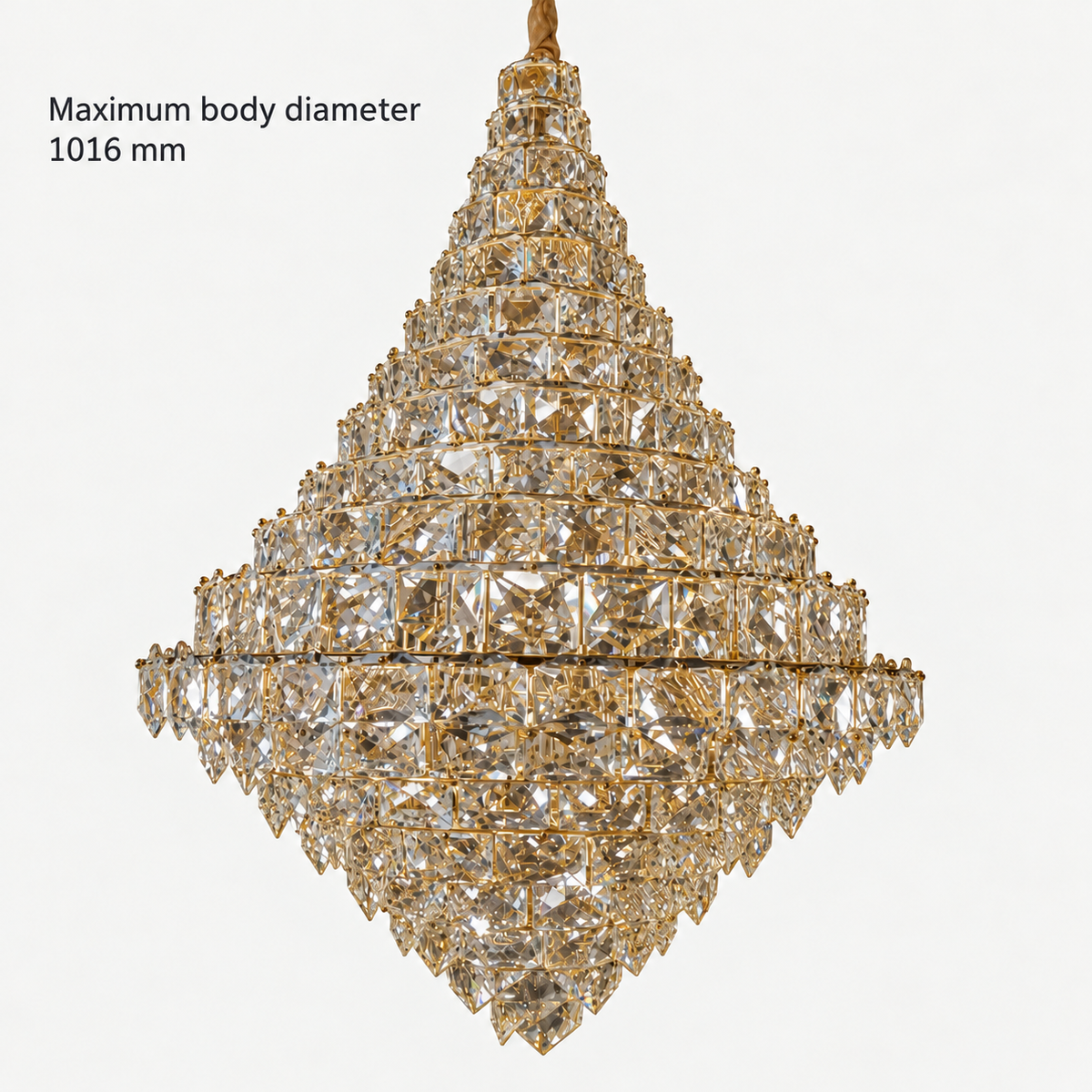 SU67796 Gold-Tone K9 Crystal Chandelier dimension view. Maximum body diameter: 1016 mm.