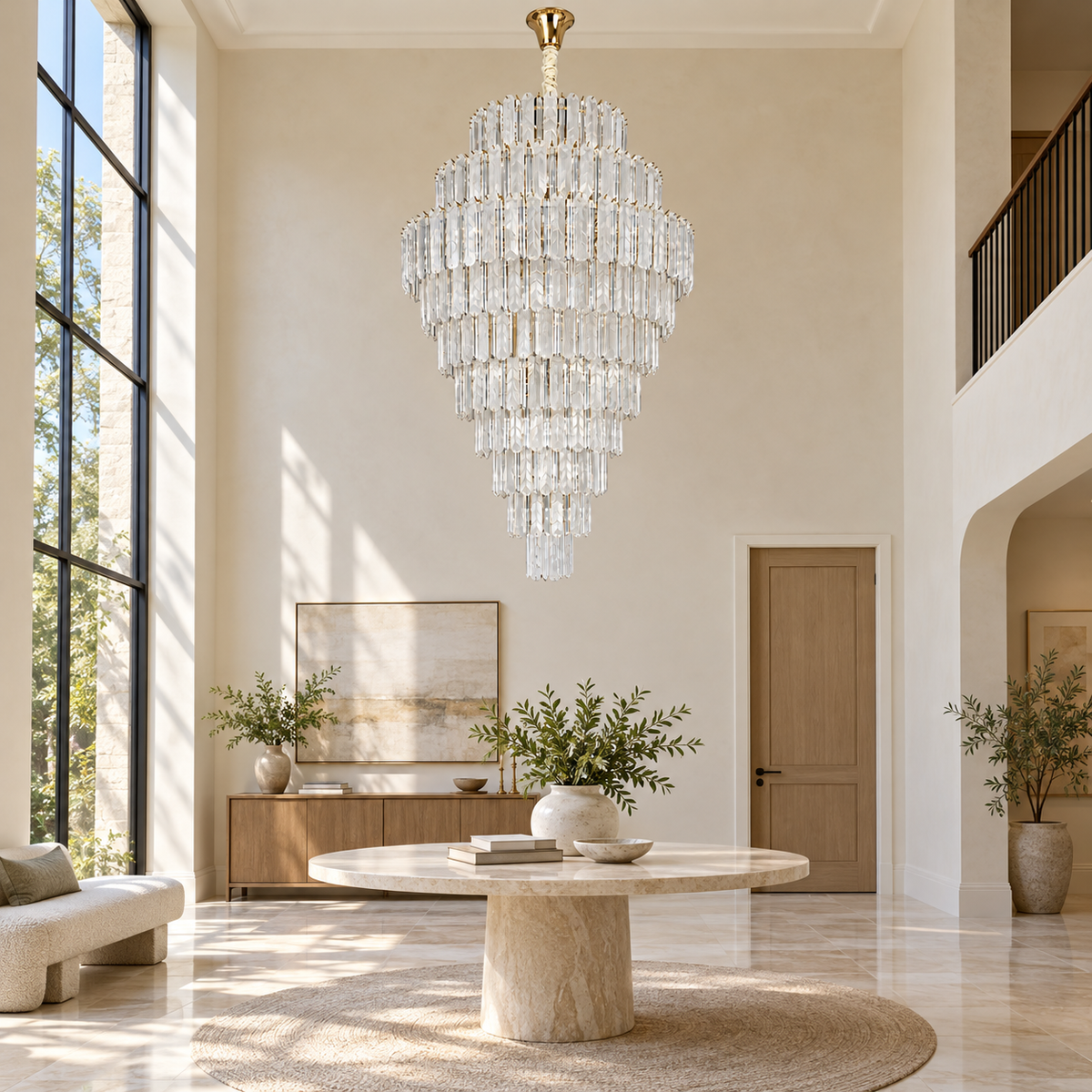 SU67801 Gold-Tone Tiered Prism Chandelier shown unlit in a daylight interior.