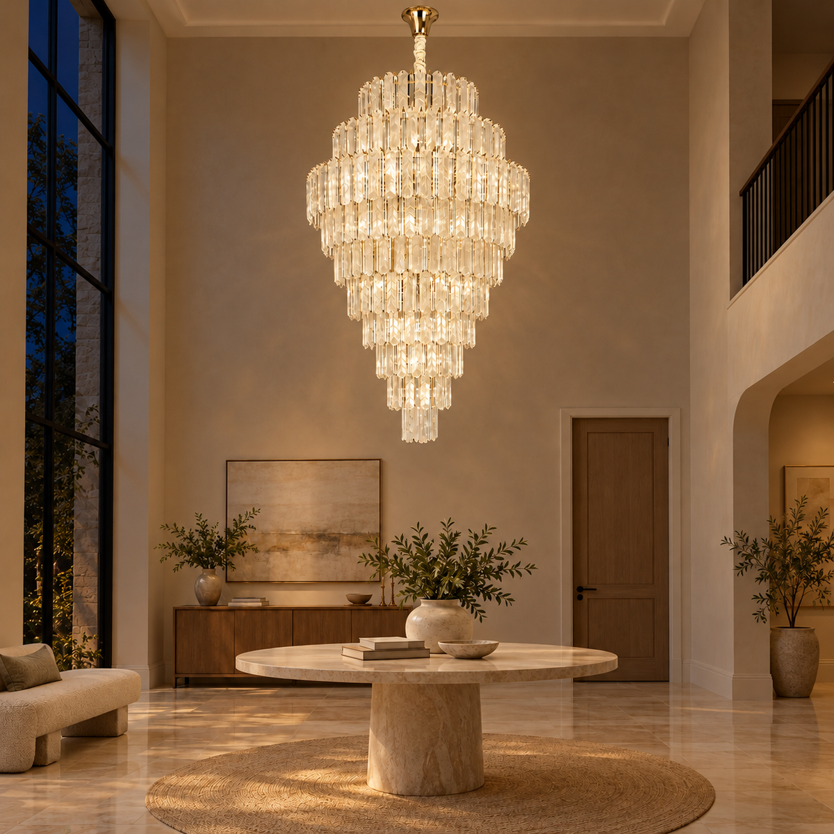 SU67801 Gold-Tone Tiered Prism Chandelier illuminated in the matching evening interior.