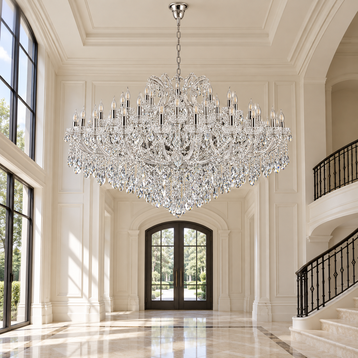 Silver Crystal Palace Chandelier — daytime interior view