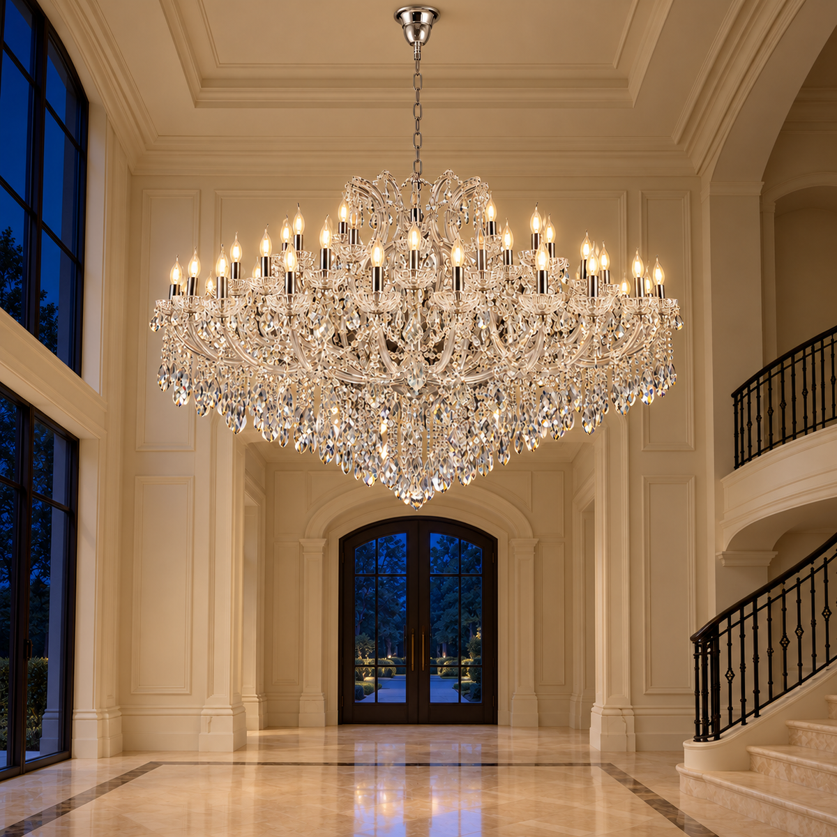 Silver Crystal Palace Chandelier — illuminated evening view